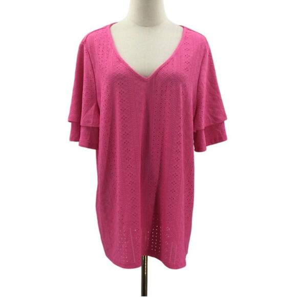 BLOOMCHIC 18-20 2X plus pink V Neck Short Sleeve lace shirt top blouse NWT 0B18 - Picture 1 of 6